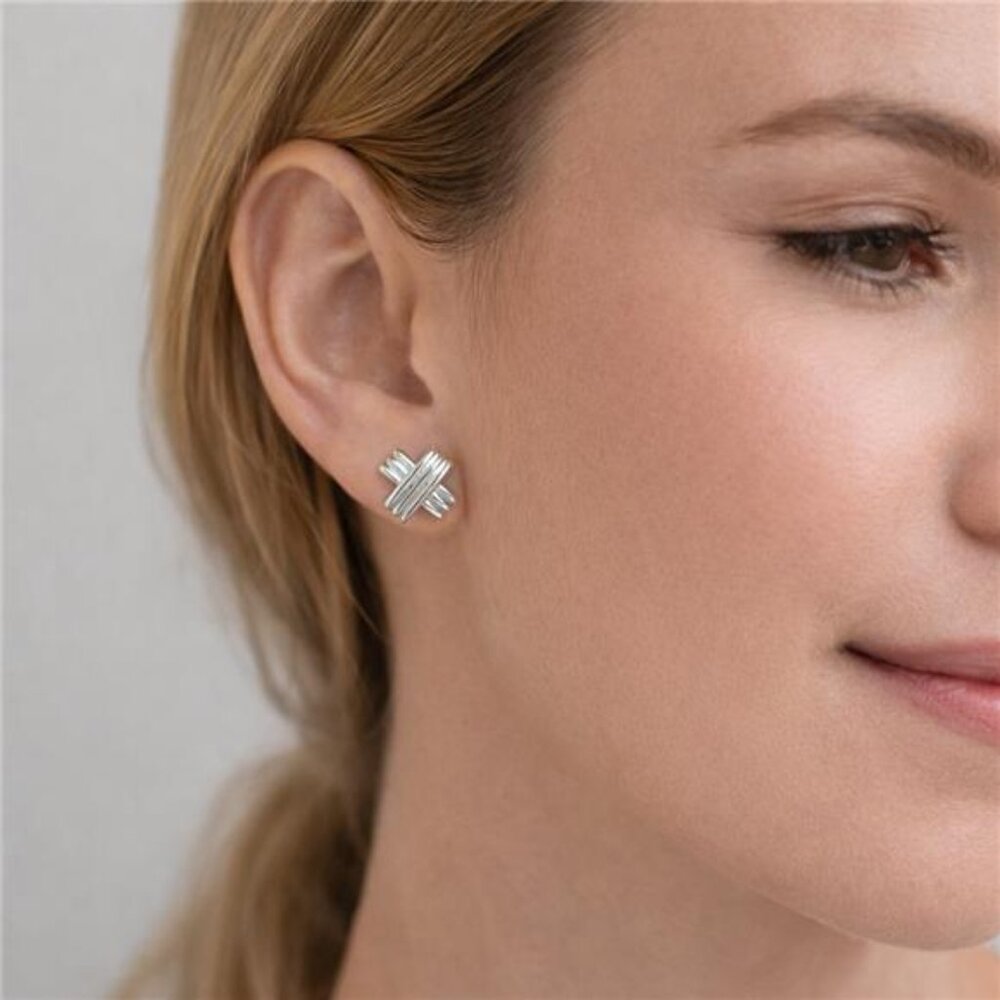 Emberly Silver Tone X Criss Cross Stud Earrings 18mm Pierced Textured